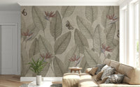 Earthy, muted tone jungle wallpaper for walls with elegant leafy patterns.