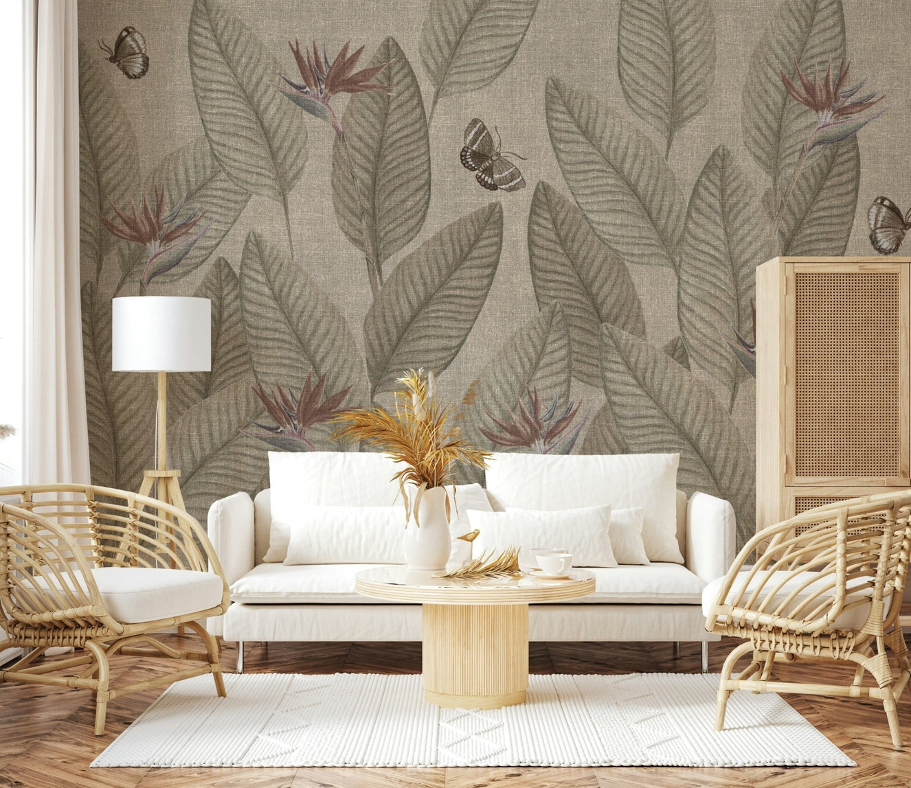 Jungle Life Muted wall mural featuring serene leaves and delicate butterflies.