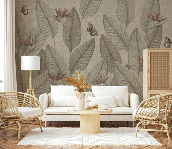 Jungle Life Muted wall mural featuring serene leaves and delicate butterflies., GD6987
