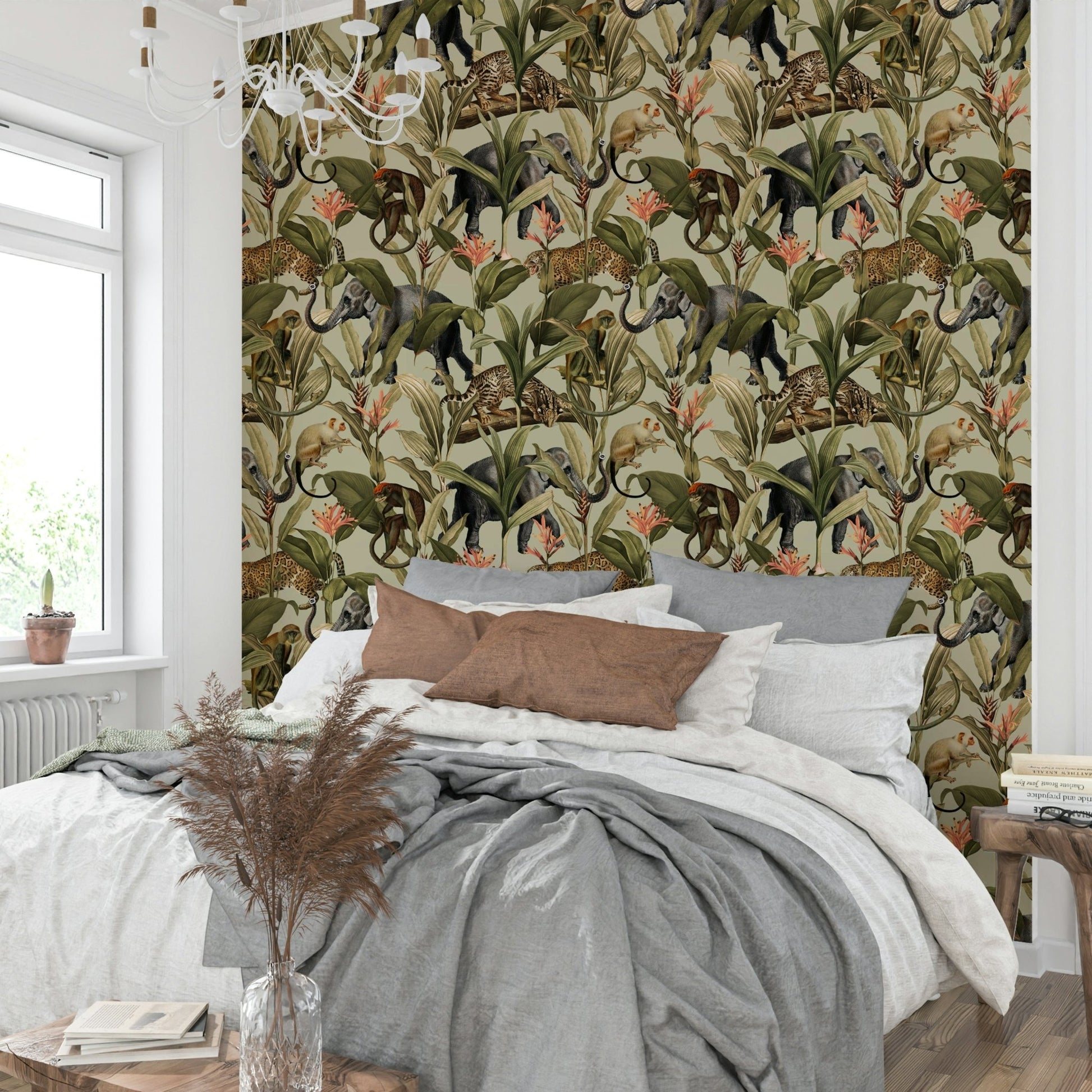 Tropical jungle design with vibrant leaves on wallpaper.

