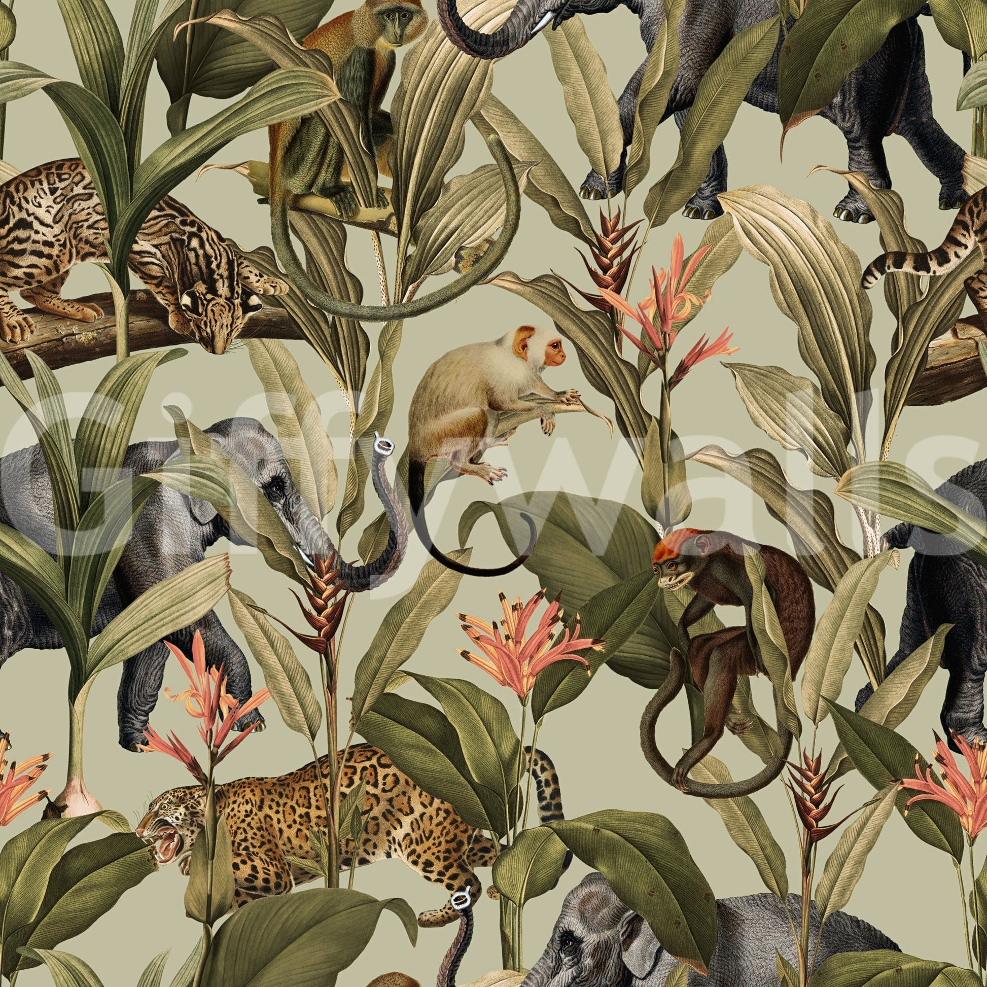 Bold foliage design of Jungle Majesty 1 Wallpaper for decor.

