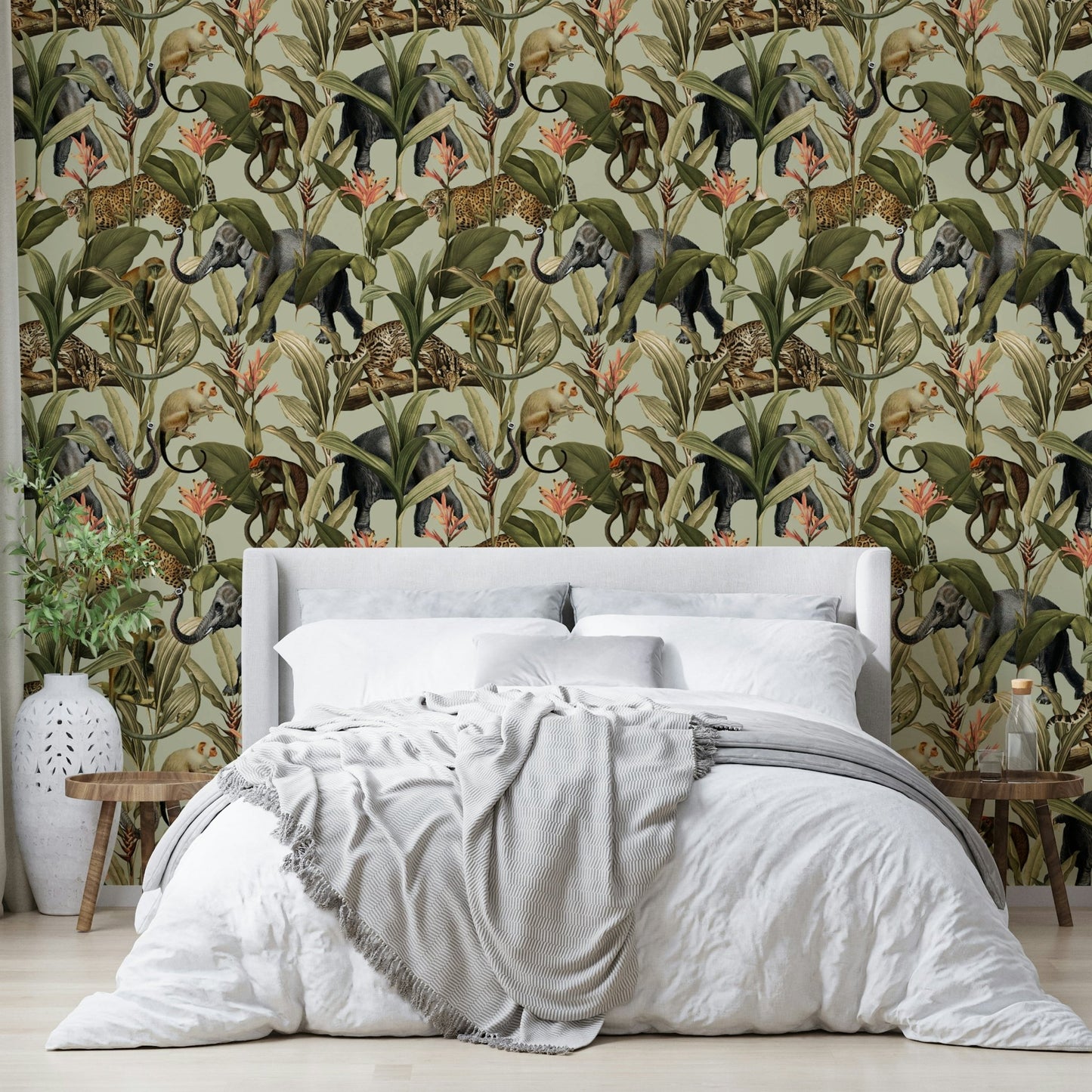 Lush green jungle wallpaper bringing nature indoors.

