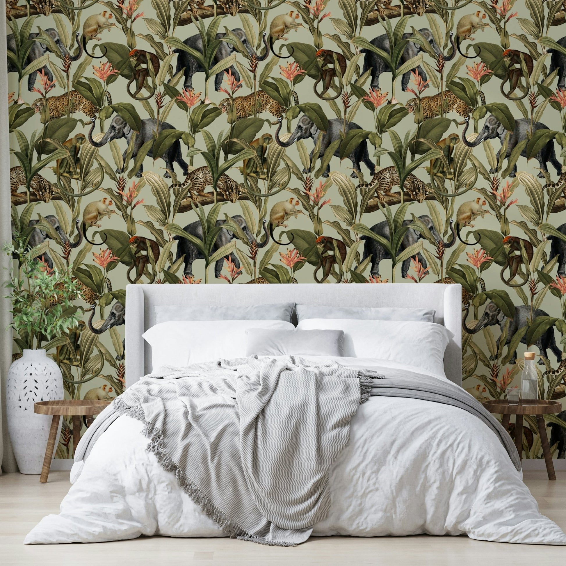 Lush green jungle wallpaper bringing nature indoors.

