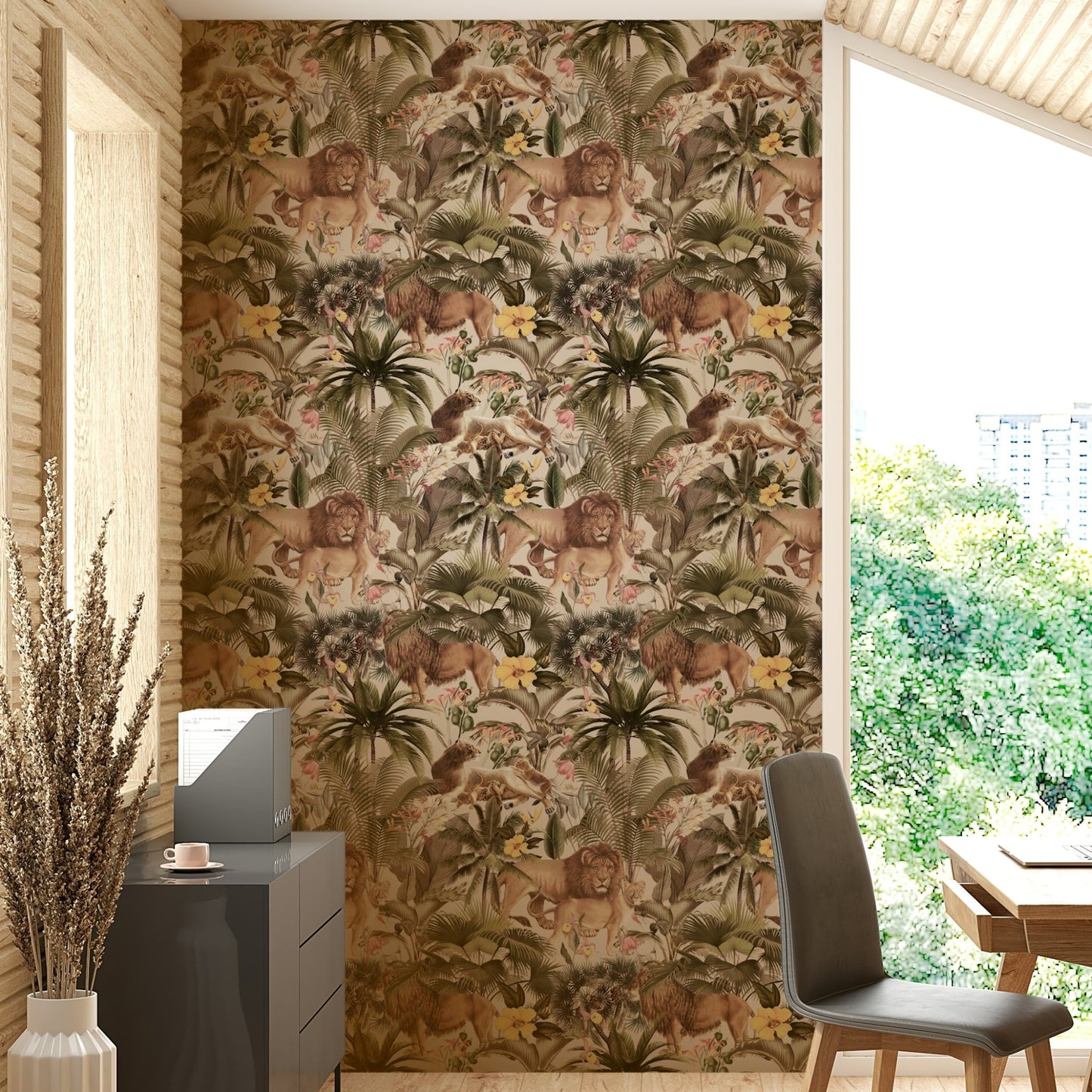 Jungle Majesty Wallpaper with vibrant jungle leaf print.

