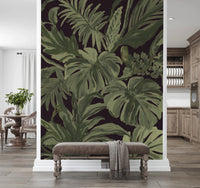Jungle Monstera wall mural with layered tropical leaf pattern
