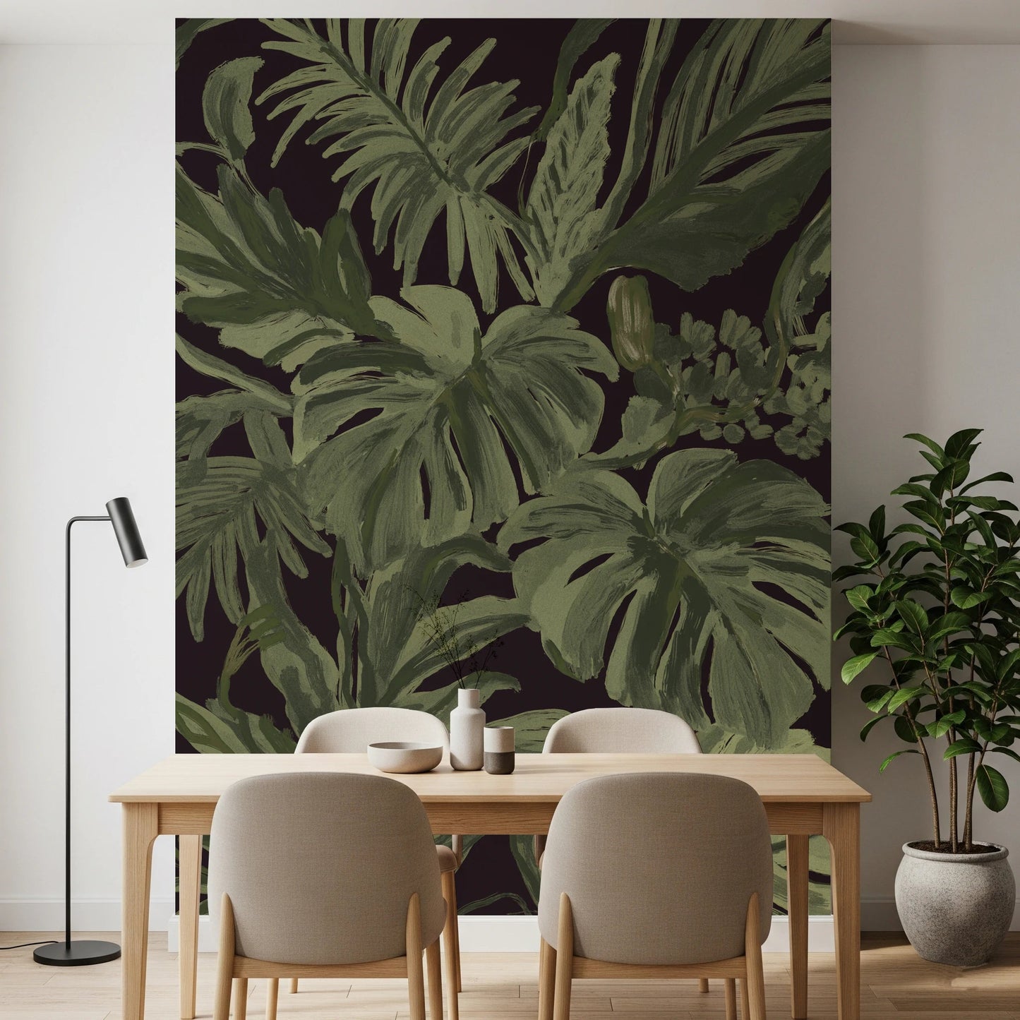 Monstera Tropical Midnight wall mural with painted leaf textures