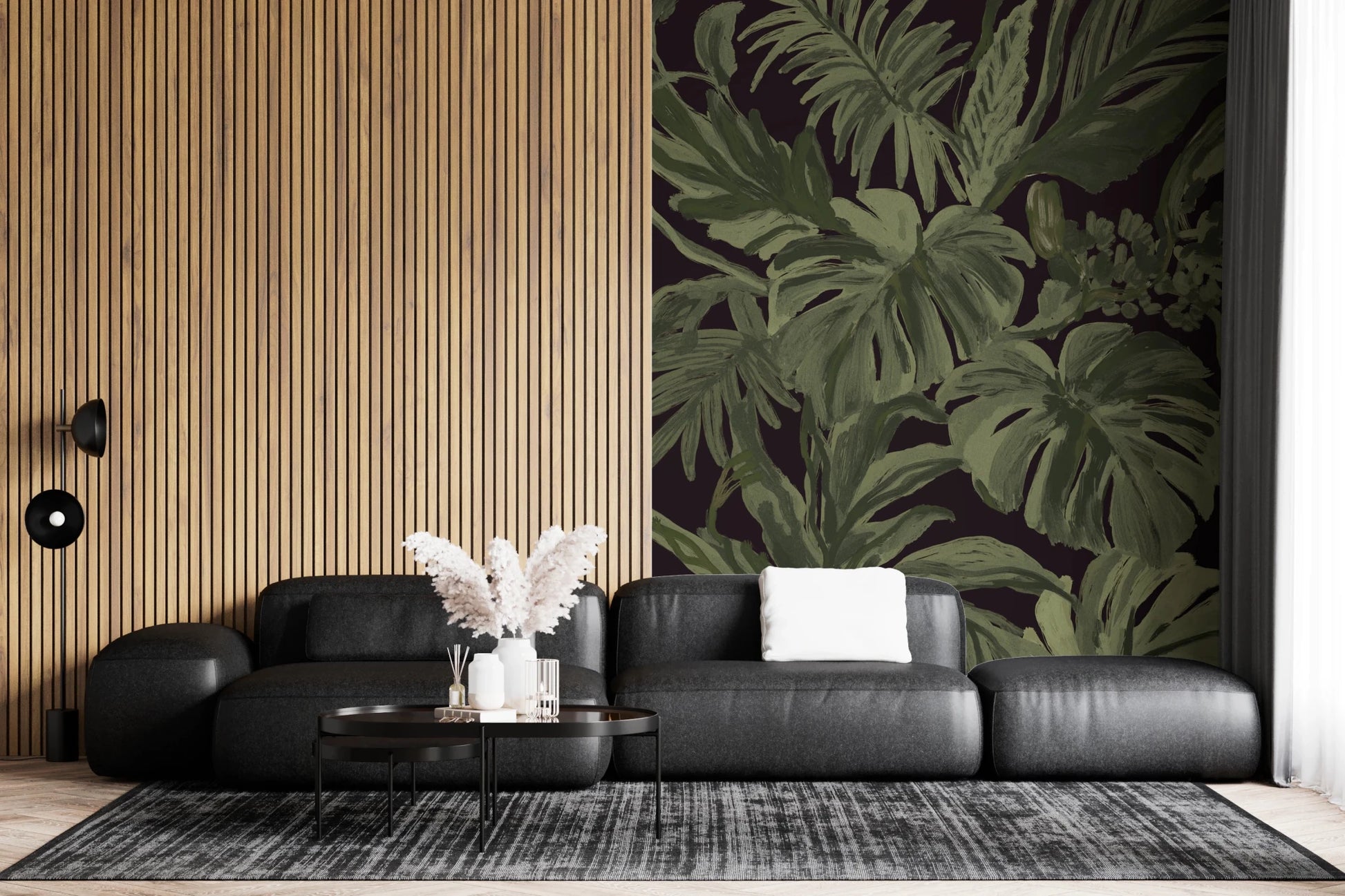 Office space using Tropical Midnight wall mural with bold foliage