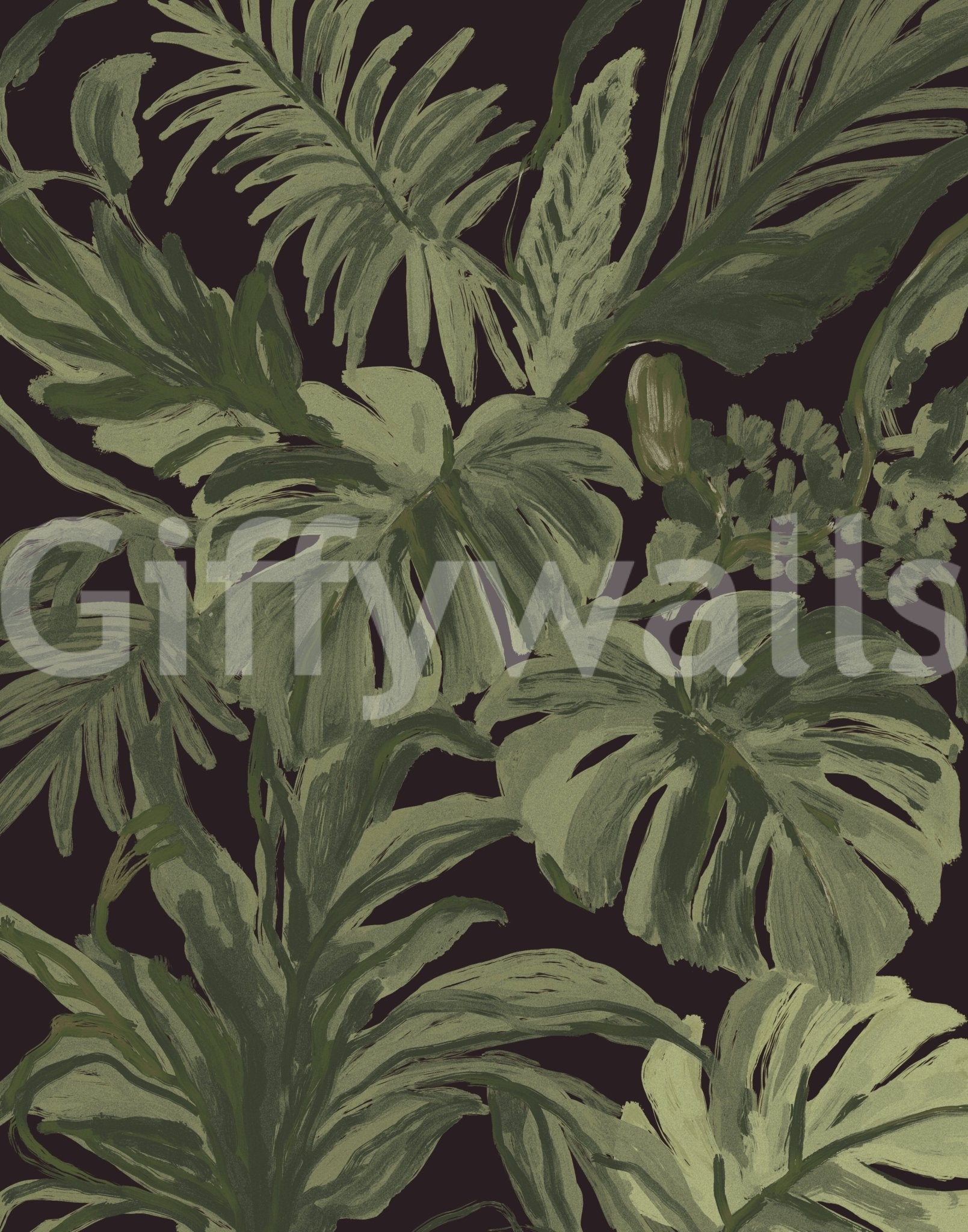 Tropical Midnight mural with lush monstera and palm leaf forms