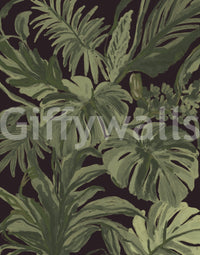 Tropical Midnight mural with lush monstera and palm leaf forms