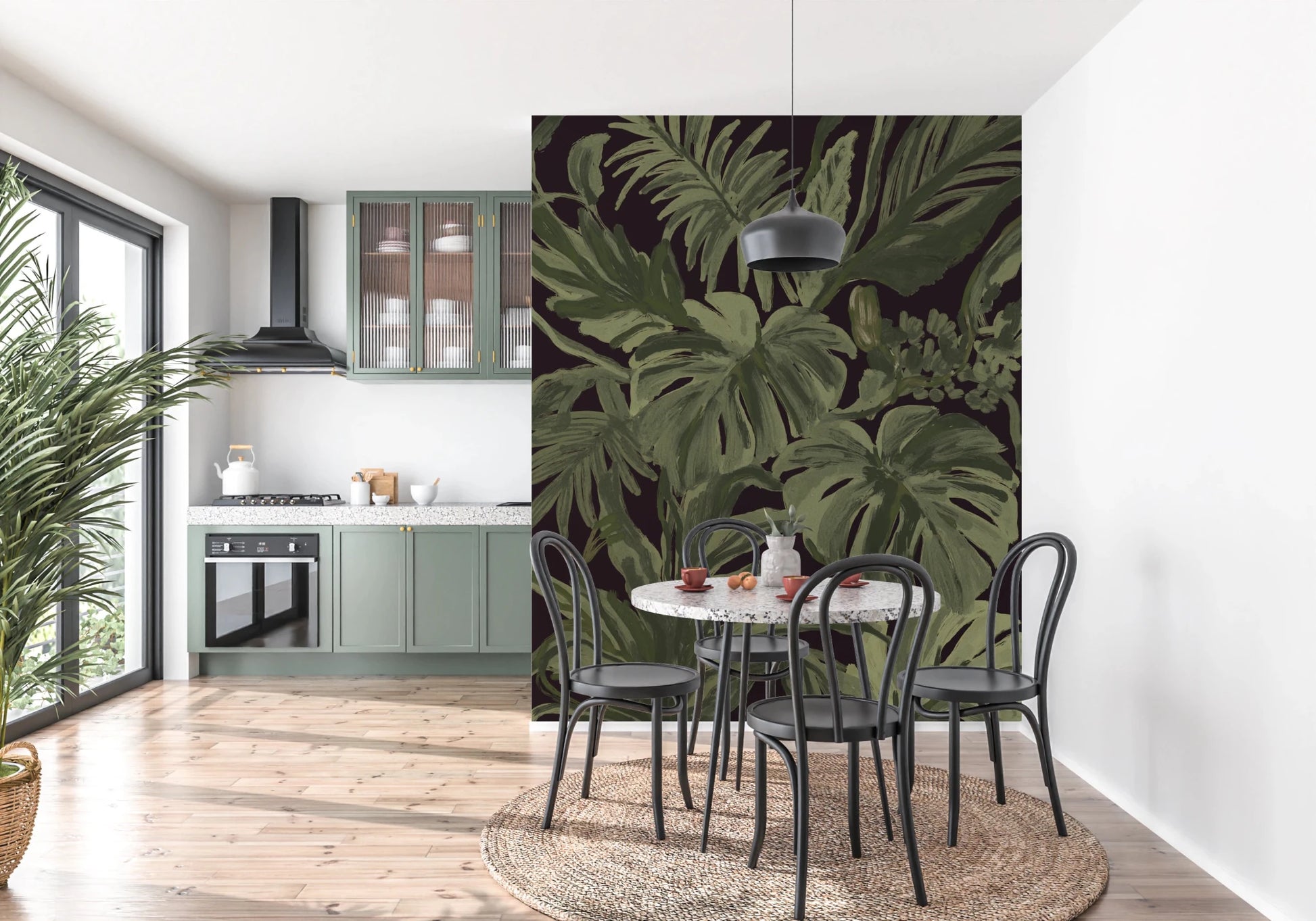 Dining area with Jungle Monstera wall mural in deep leafy tones