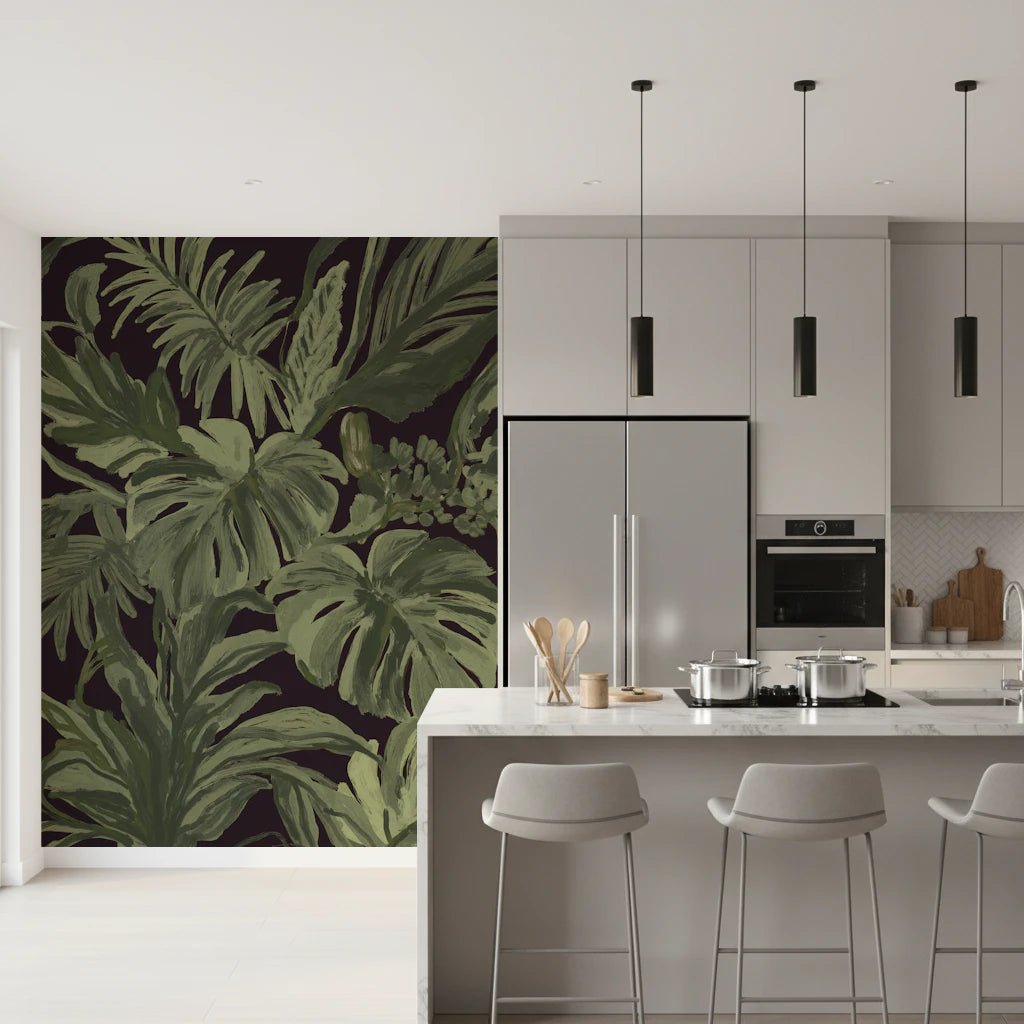 Jungle wall mural featuring deep botanical leaves and shadowed base