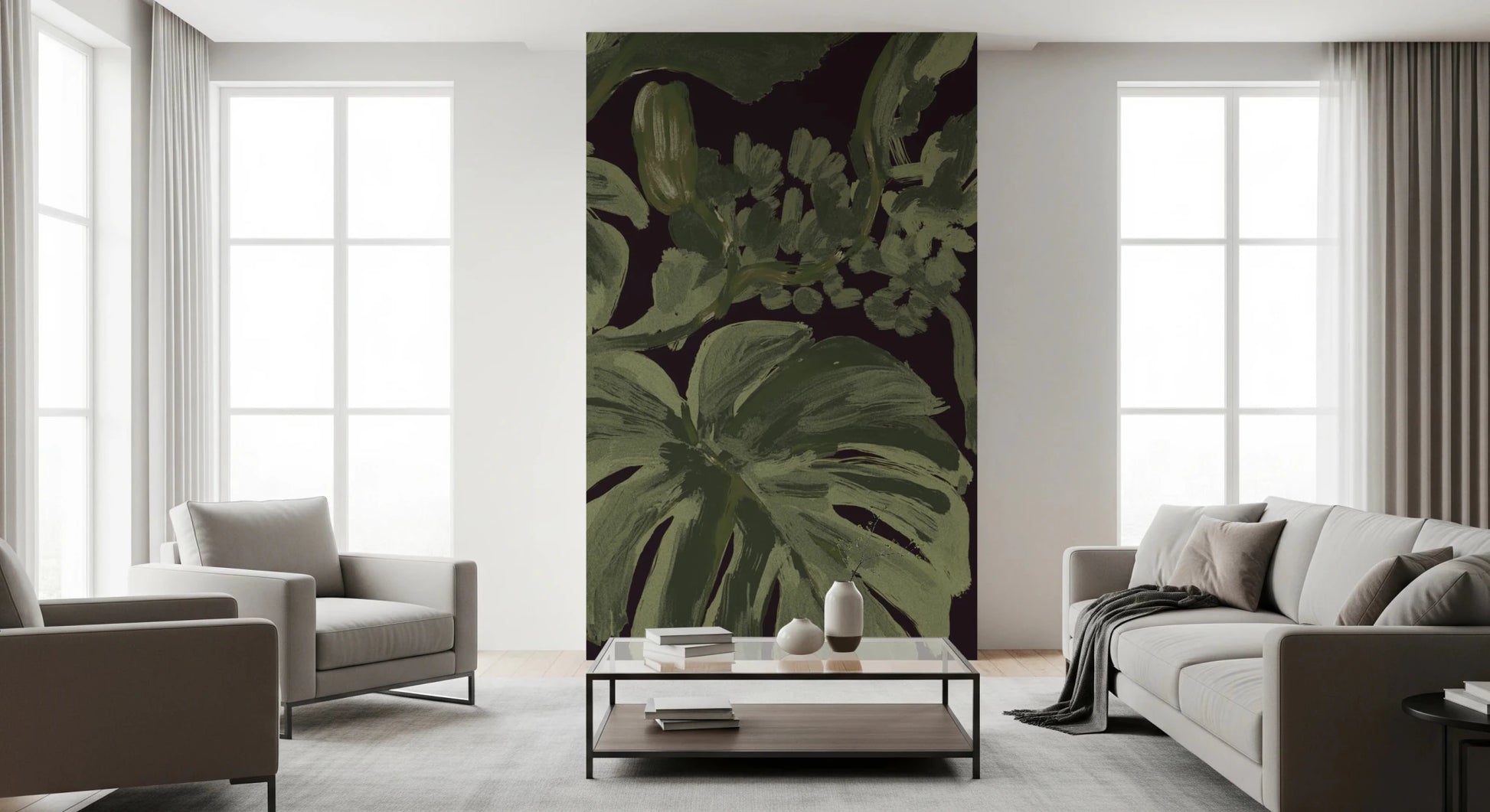 Tropical Midnight wall mural in dark green botanical styling