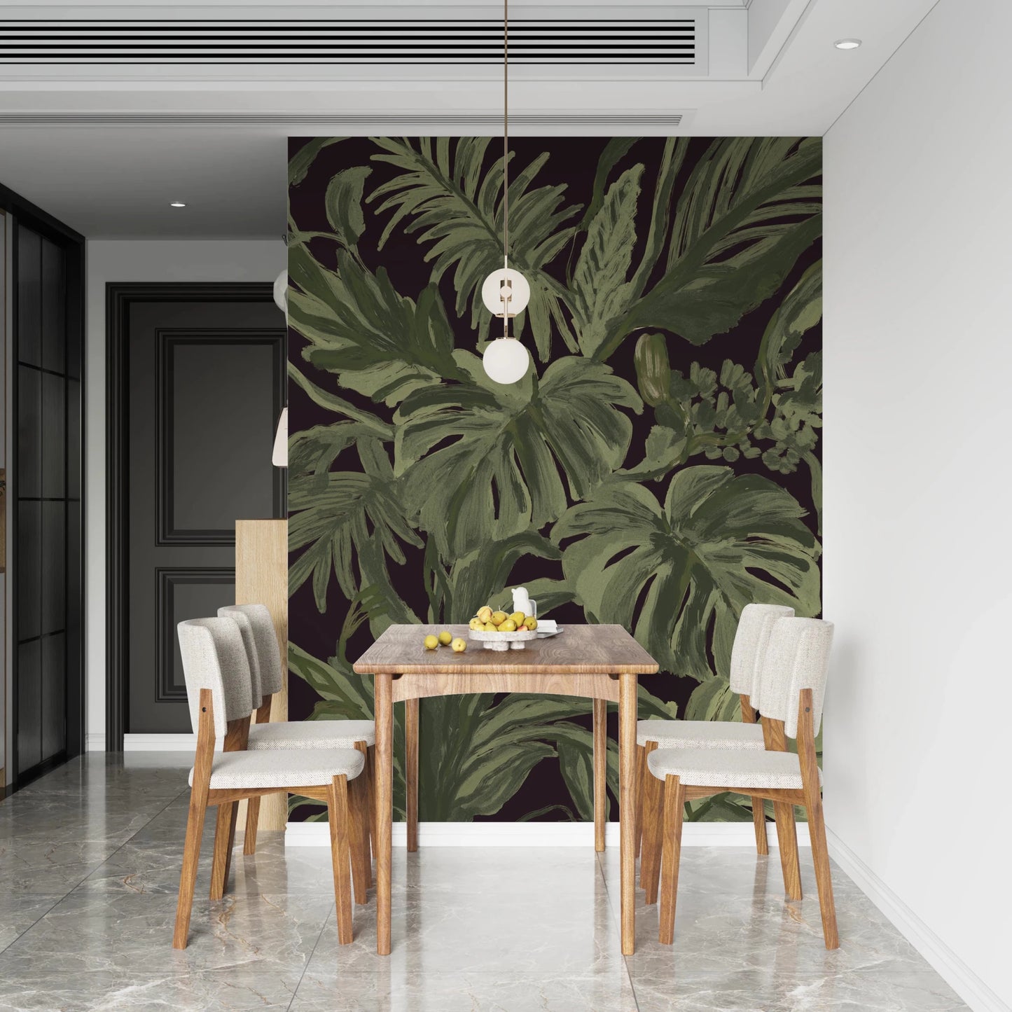Dining room styled in Monstera Tropical Midnight wall mural design