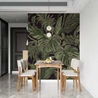 Dining room styled in Monstera Tropical Midnight wall mural design