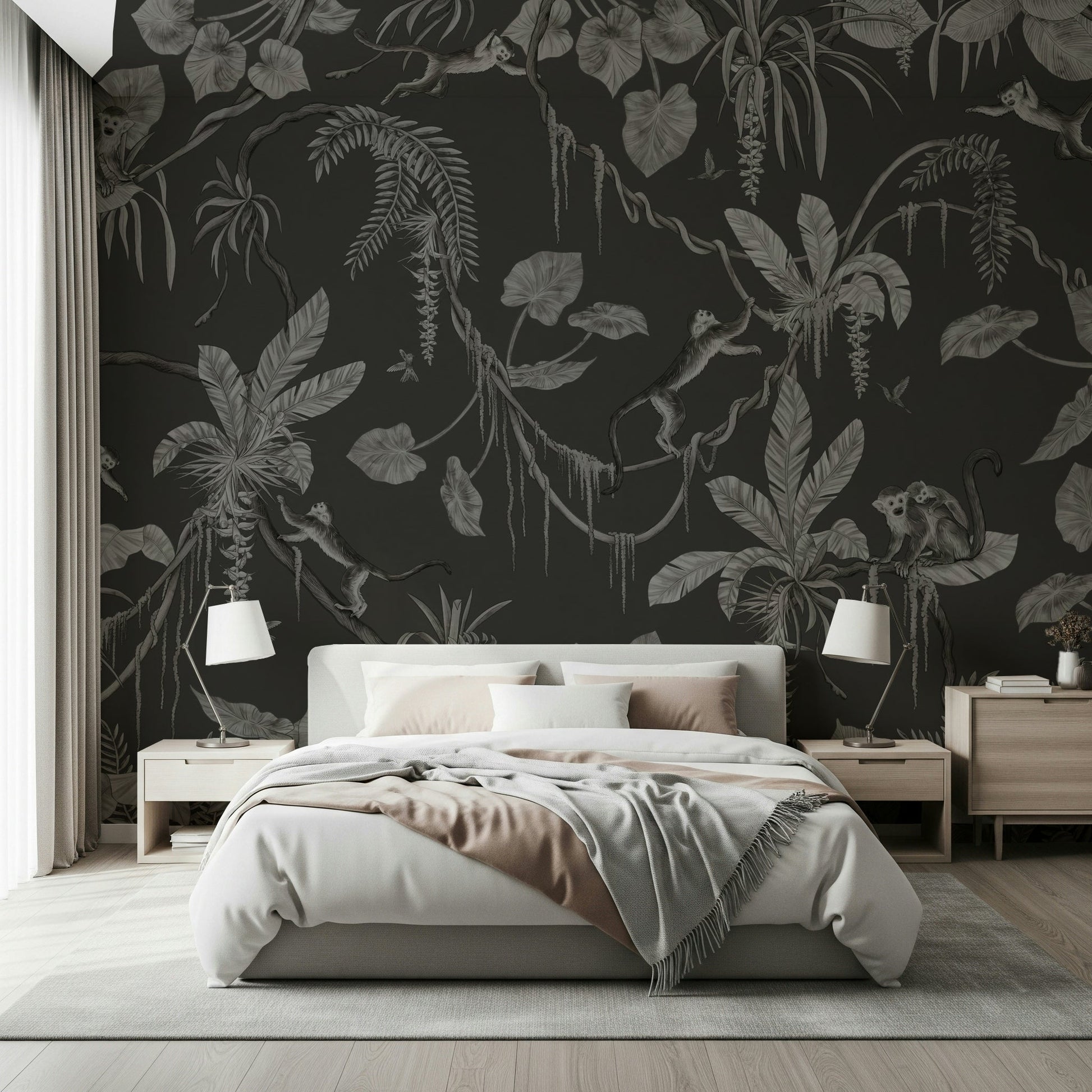 Elegant tropical leaves design in Jungle Nightfall Wall Mural.