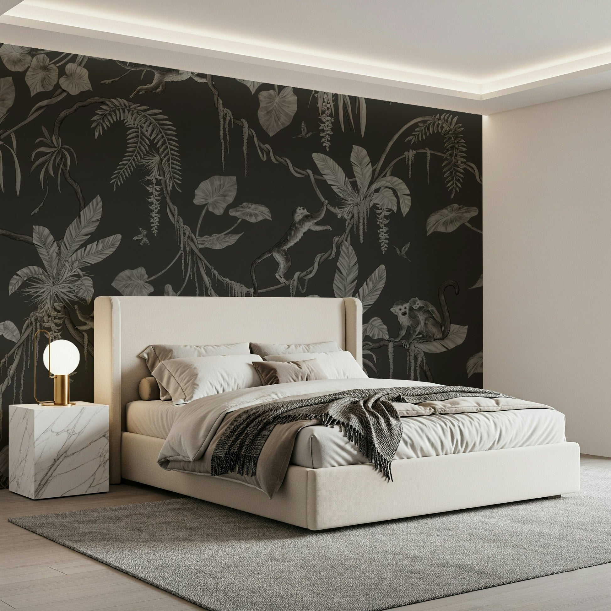 Bedroom wall featuring the deep colors of Jungle Nightfall Wall Mural.