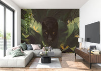 A peaceful woodland vista mural on decorative wallpaper.