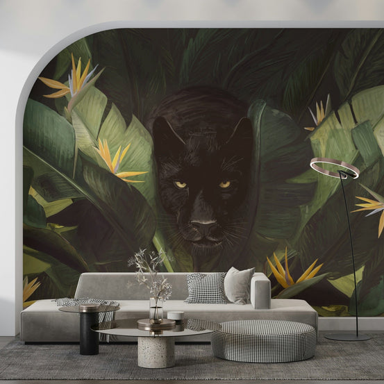 A beautiful dark jungle wallpaper mural with subtle, hidden animal eyes or forms., GD5702