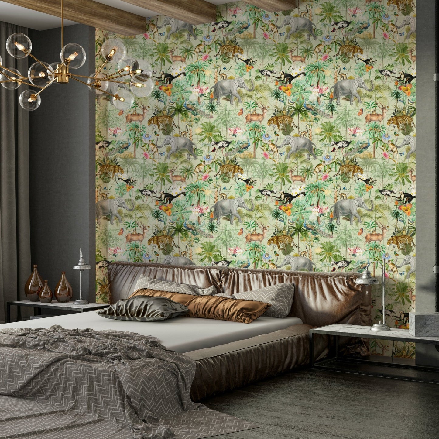 Luxury jungle wallpaper featuring exotic foliage and deep greens.

