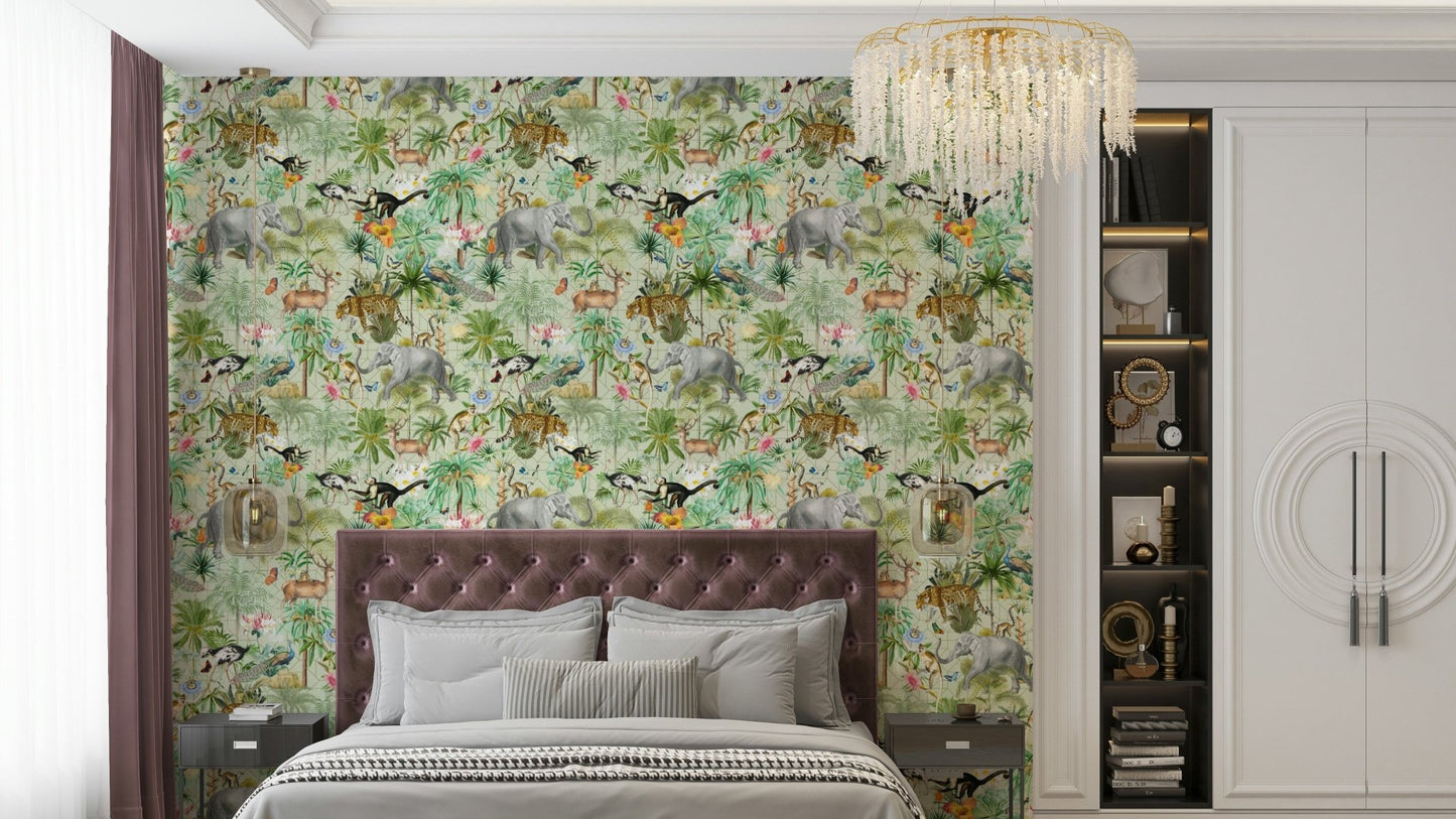 Lush jungle leaves create an opulent ambiance on walls.

