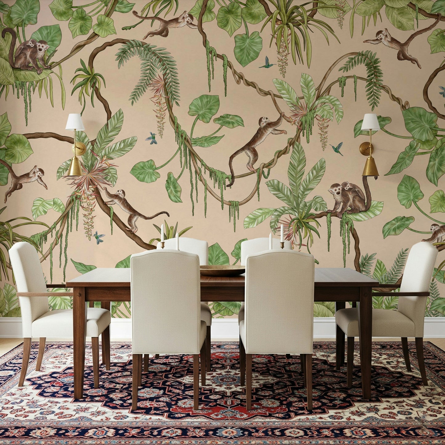 A home office space brightened by the energetic pattern of the Jungle Playtime Wall Mural.