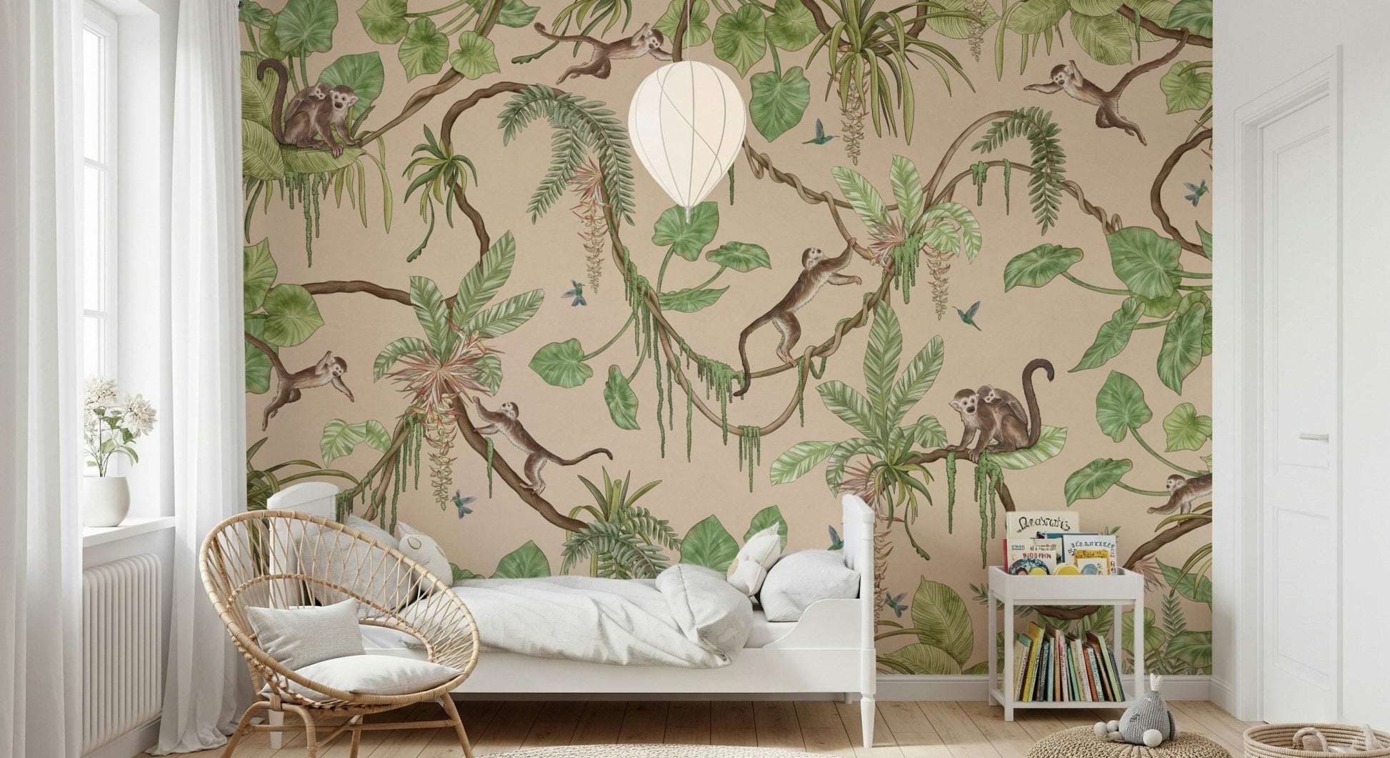 Bedroom design with the Jungle Playtime Wall Mural installed behind a headboard.