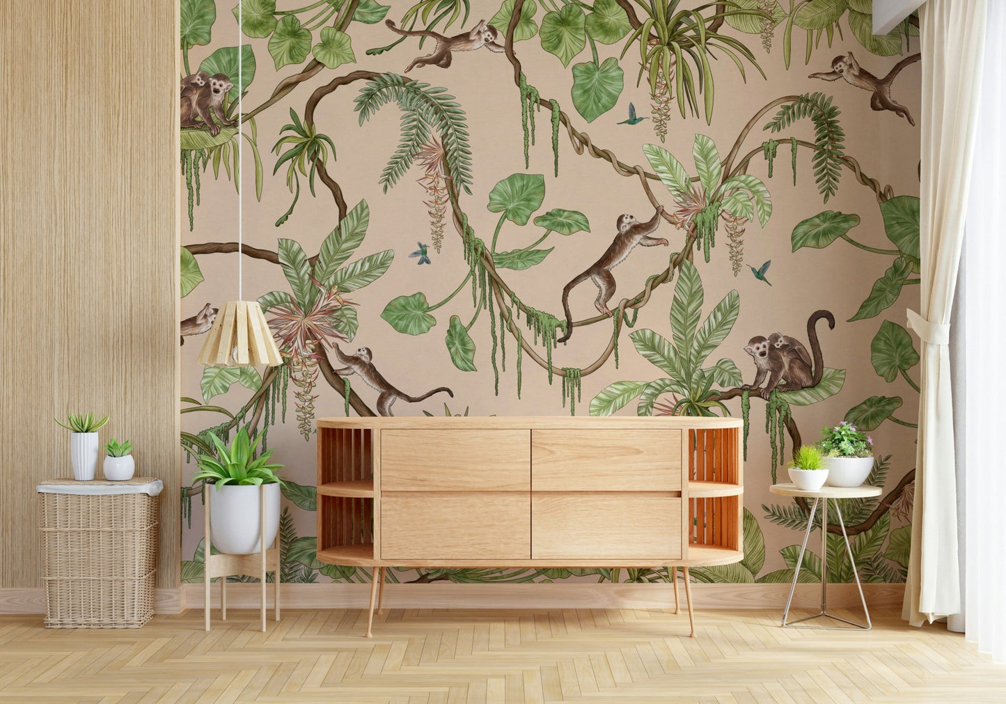 Living area accent wall showcasing a playful toucan detail from the Jungle Playtime Wall Mural.