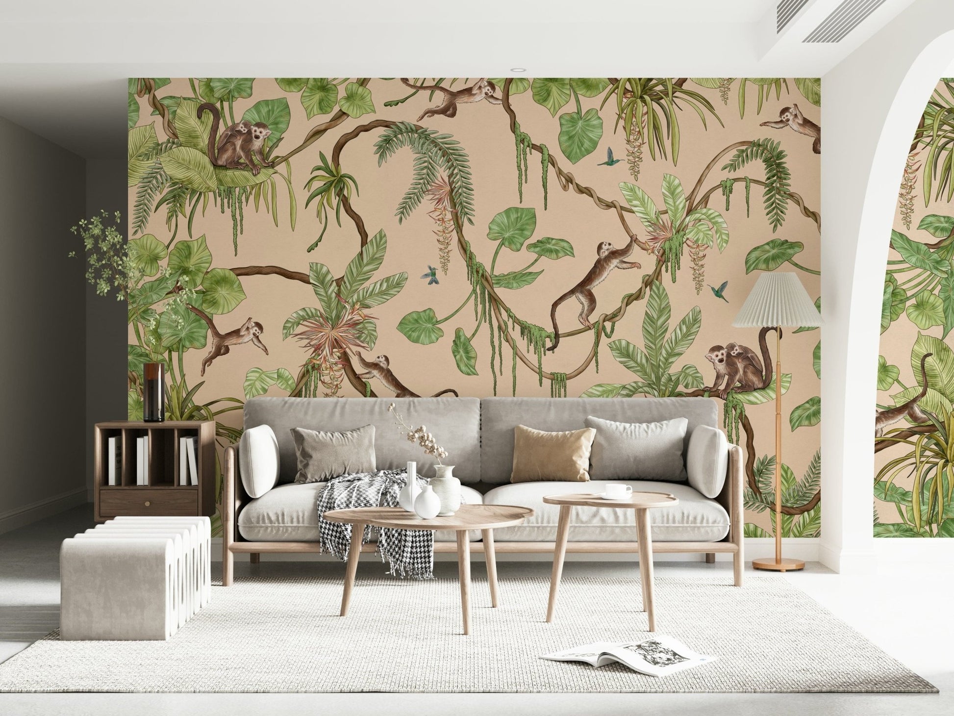A child's playroom featuring the vibrant green foliage of the Jungle Playtime Wall Mural.