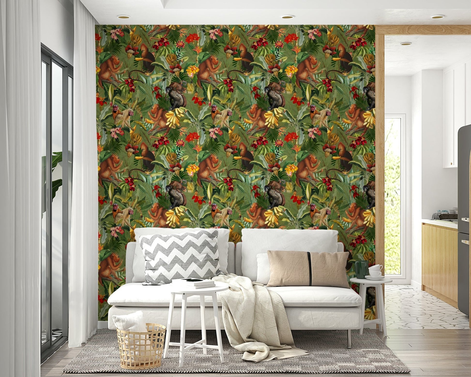 Lush jungle wall mural with detailed tropical plants.

