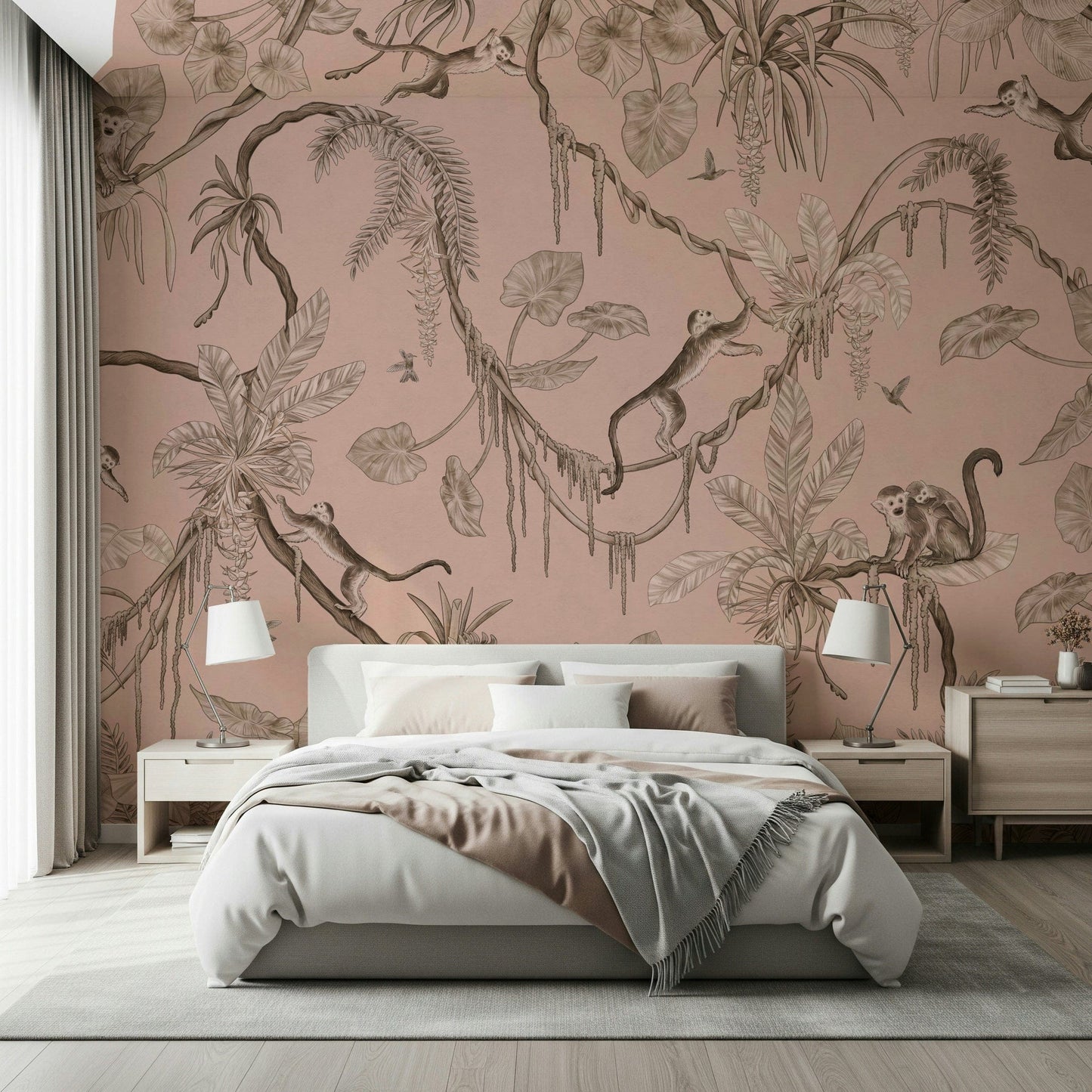 Jungle Serenade wallpaper for walls behind an elegant sofa.
