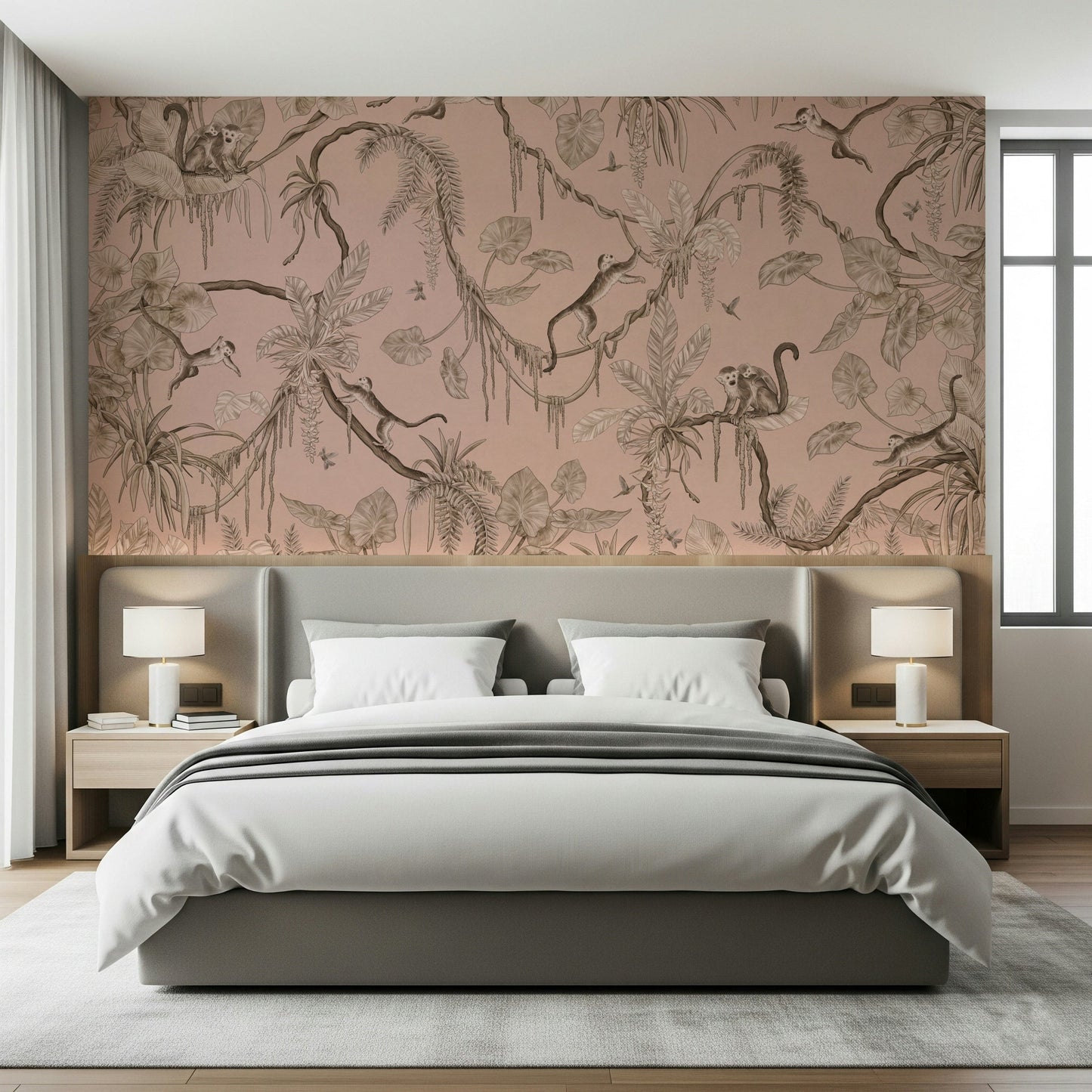 Jungle Serenade peel and stick wallpaper used in a hall.
