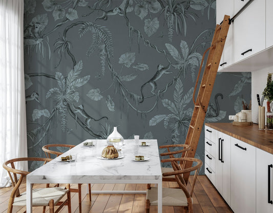 Jungle Sketch - Blue Serenity Wall Mural in a tranquil bedroom.