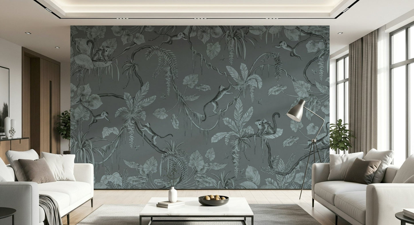 Hand-drawn leaves and animals on Jungle Sketch - Blue Serenity Wall Mural.
