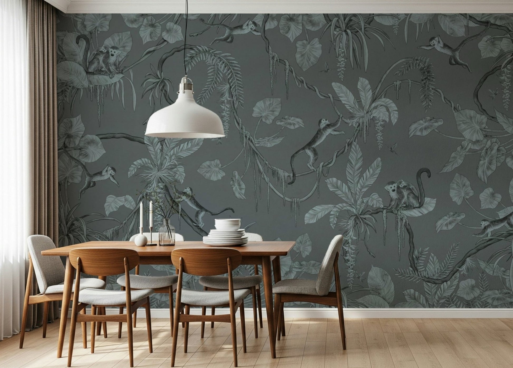 Bathroom accent wall, Jungle Sketch - Blue Serenity Wall Mural pattern detail.
