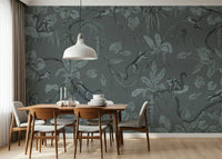 Bathroom accent wall, Jungle Sketch - Blue Serenity Wall Mural pattern detail.