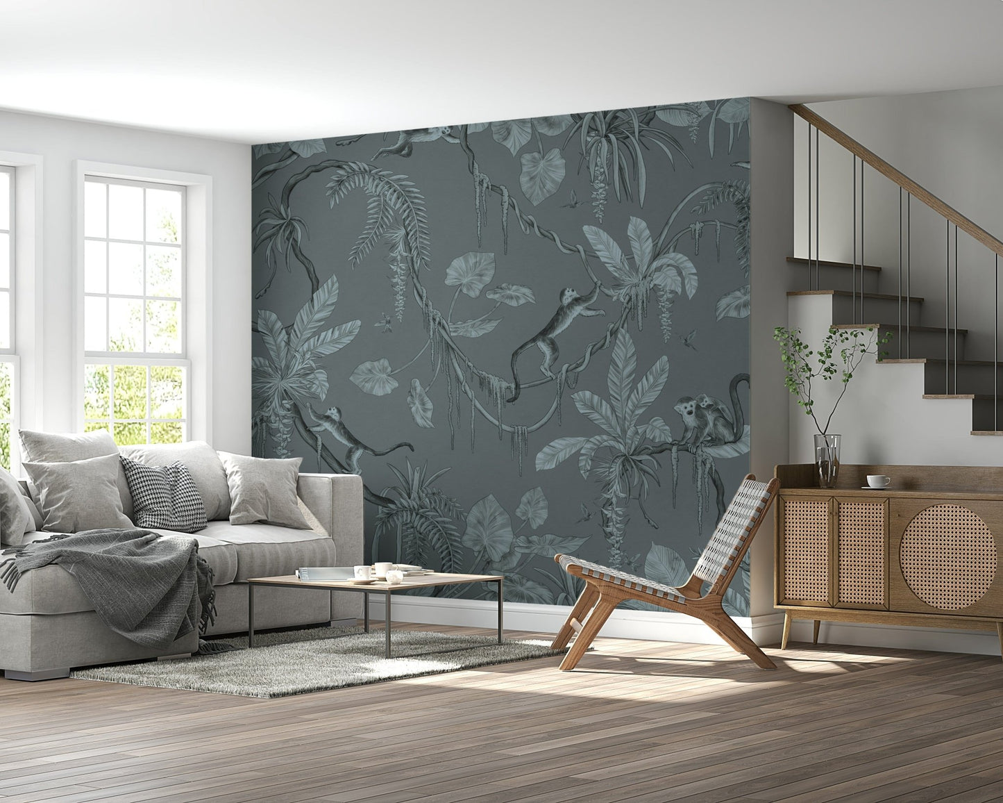 Bedroom feature wall with Jungle Sketch Blue Serenity Wall Mural.