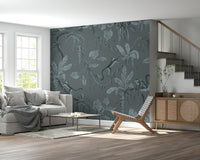 Bedroom feature wall with Jungle Sketch Blue Serenity Wall Mural.