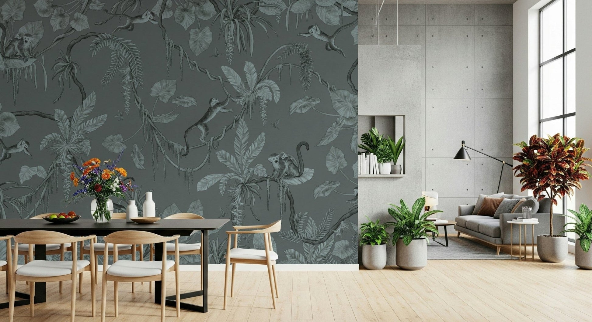 Detailed blue botanical line drawing on the Jungle Sketch - Blue Serenity Wall Mural.