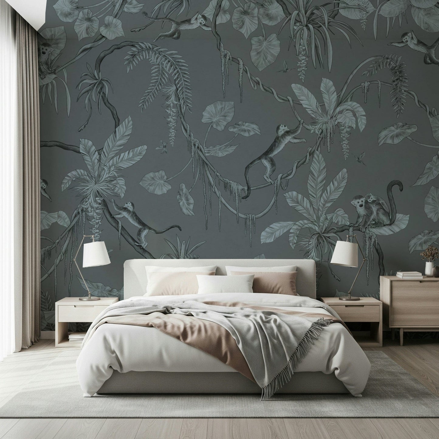 The serene blue palette of Jungle Sketch - Blue Serenity Wall Mural.
