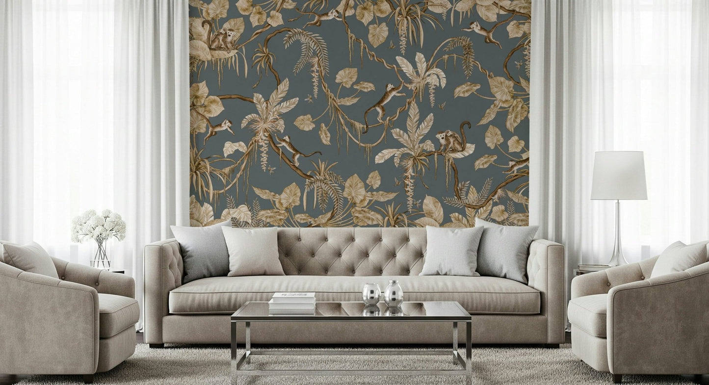 Greenery and flowers within the Botanical Birdsong Wall Mural.