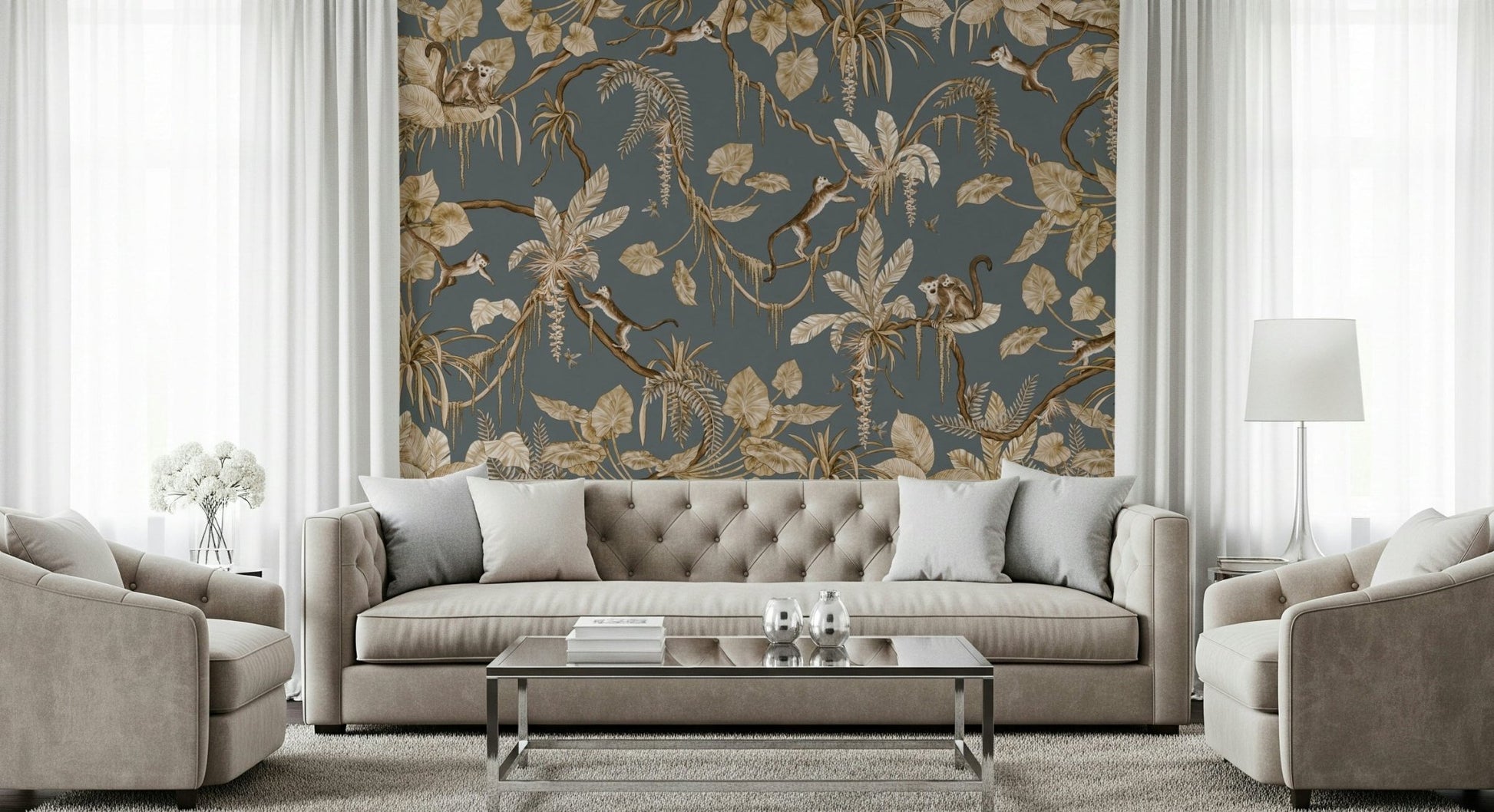 Greenery and flowers within the Botanical Birdsong Wall Mural.