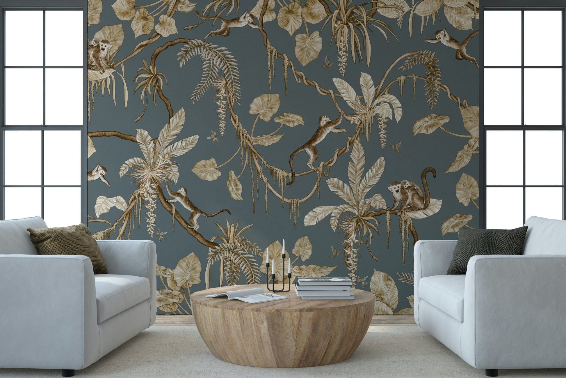 A dining area showcasing the large scale Botanical Birdsong.