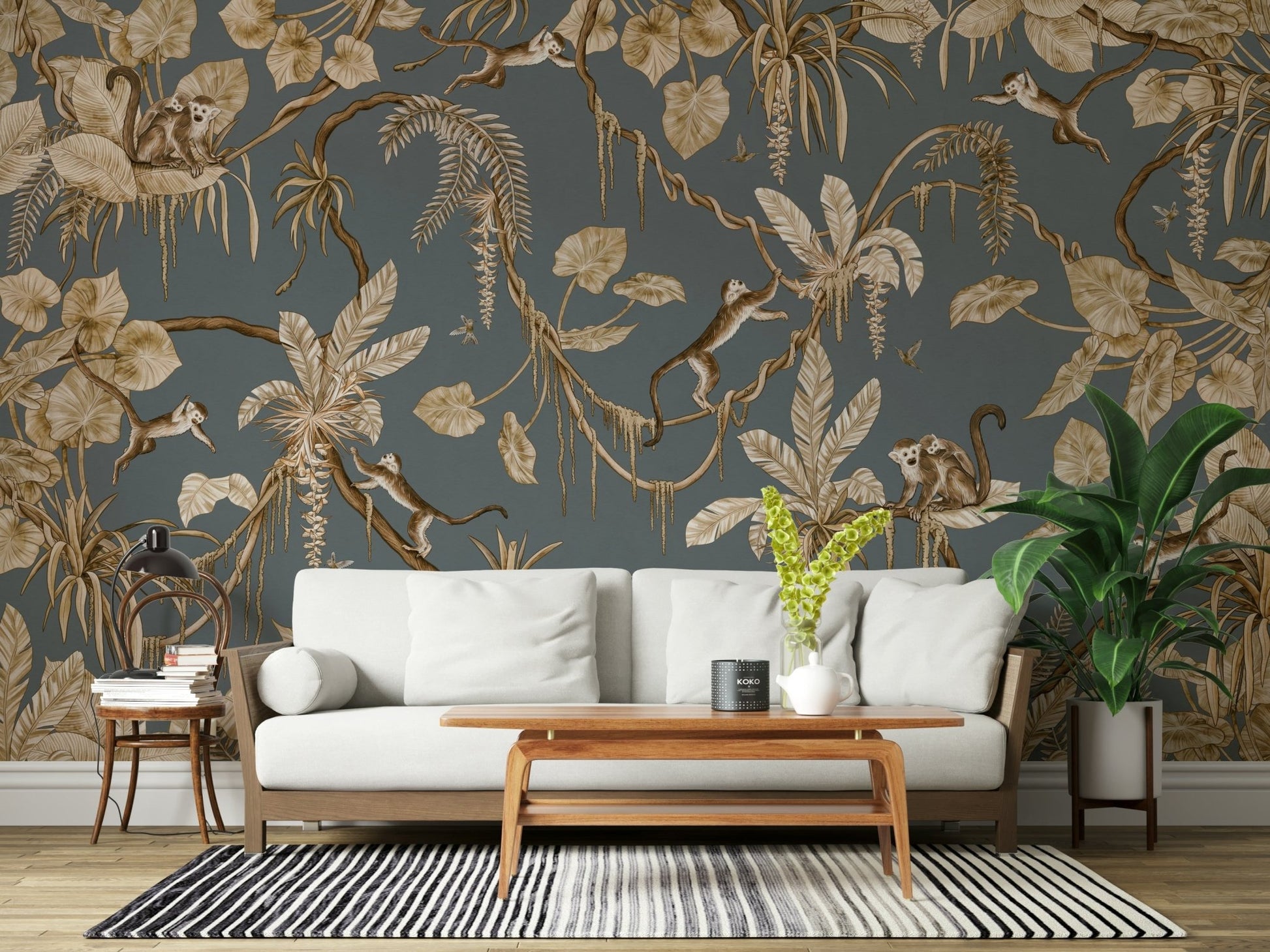 Office space with the colorful Botanical Birdsong Wall Mural.