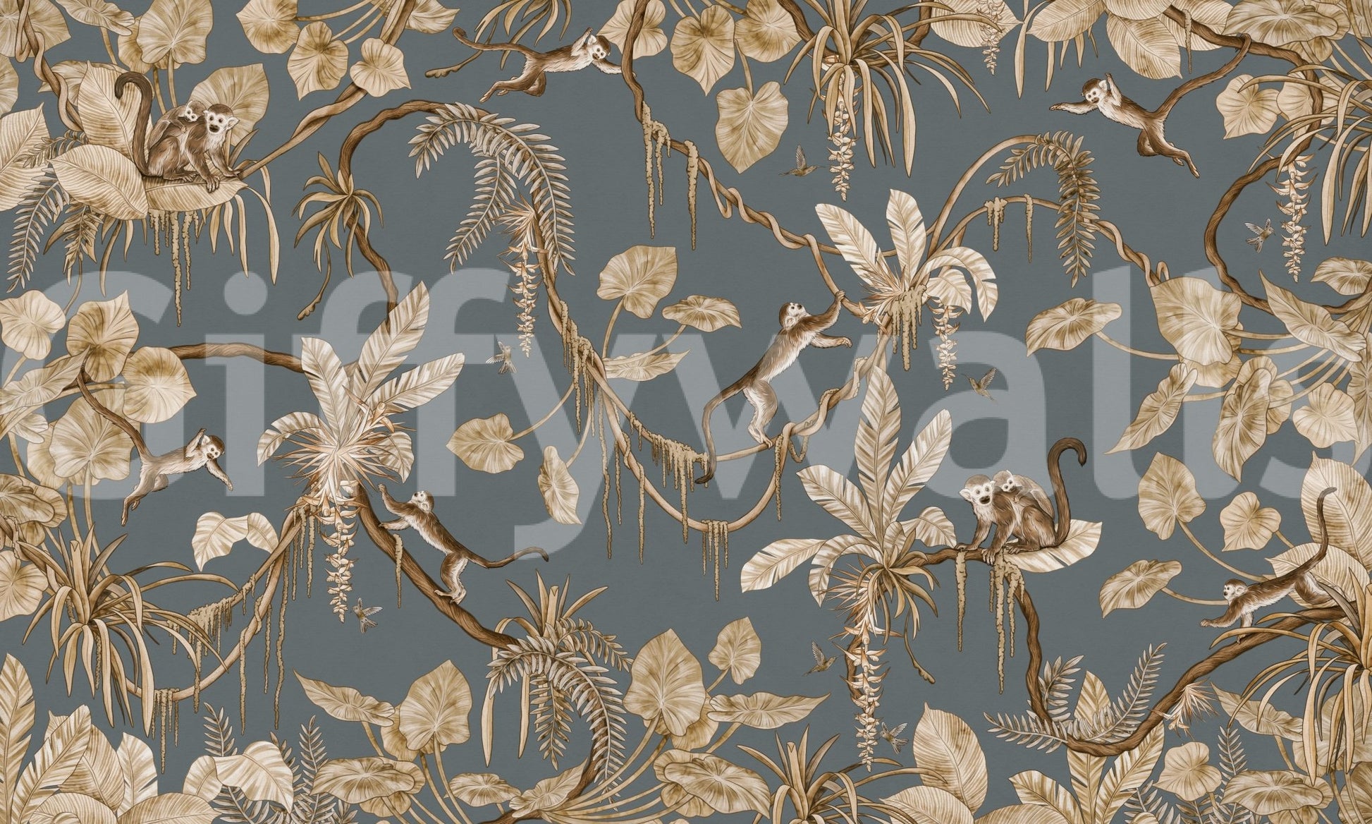 Corner of a room featuring the lush Botanical Birdsong print.