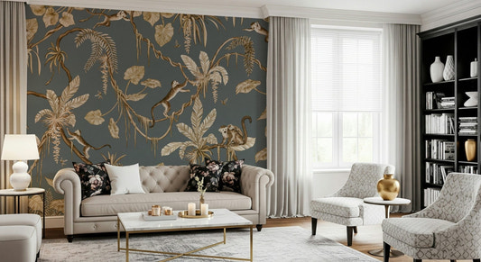 Botanical Birdsong Wall Mural brightens a chic living room.