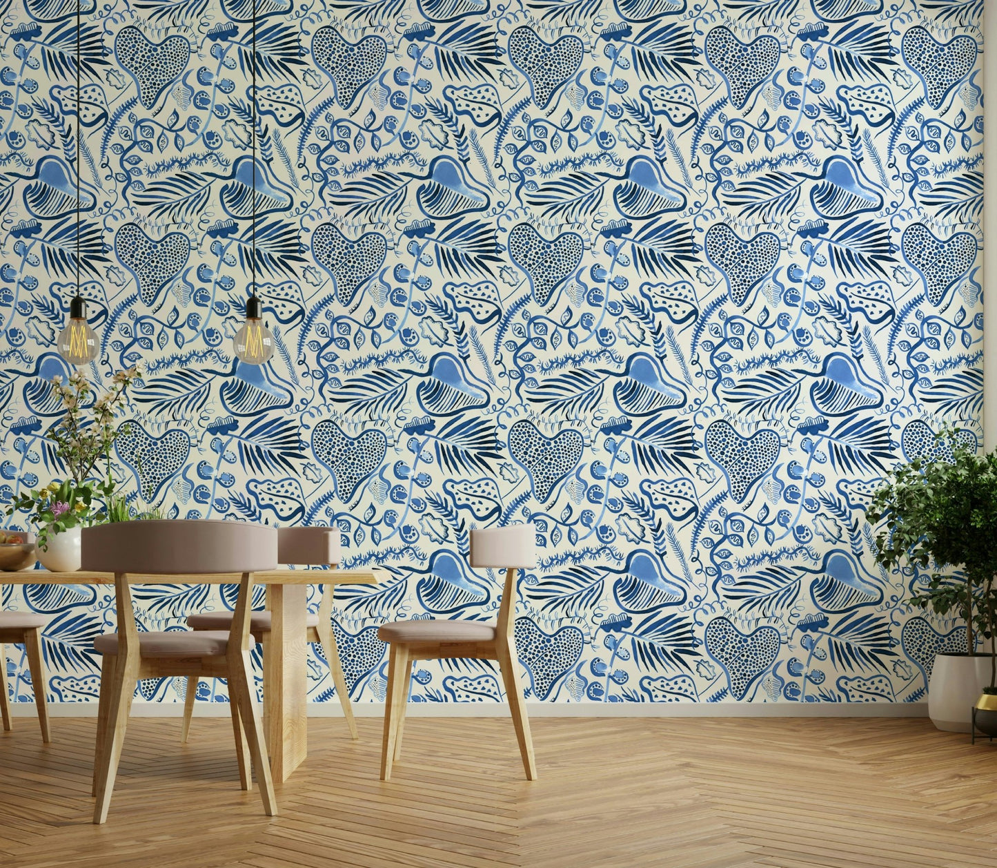 Blue and white leaf wall mural

