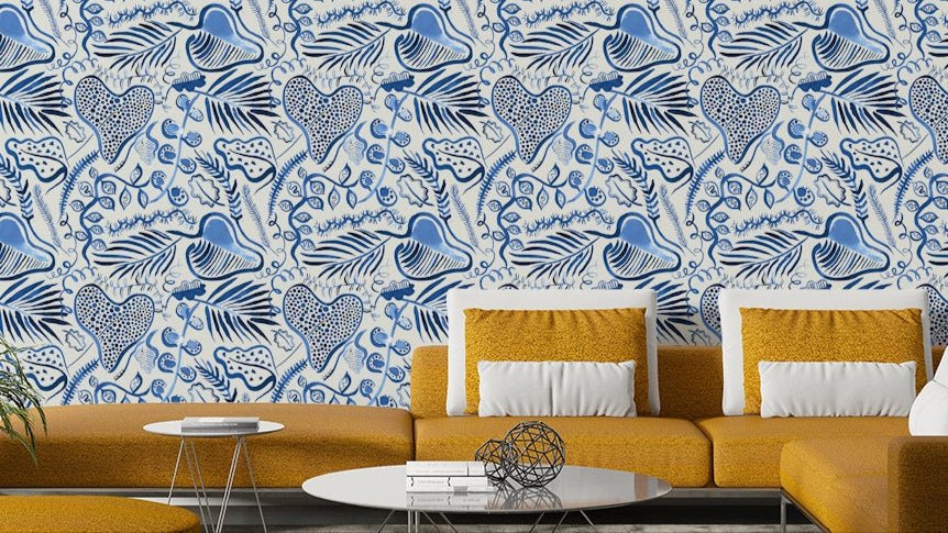 Blue jungle leaves wall mural, GD881