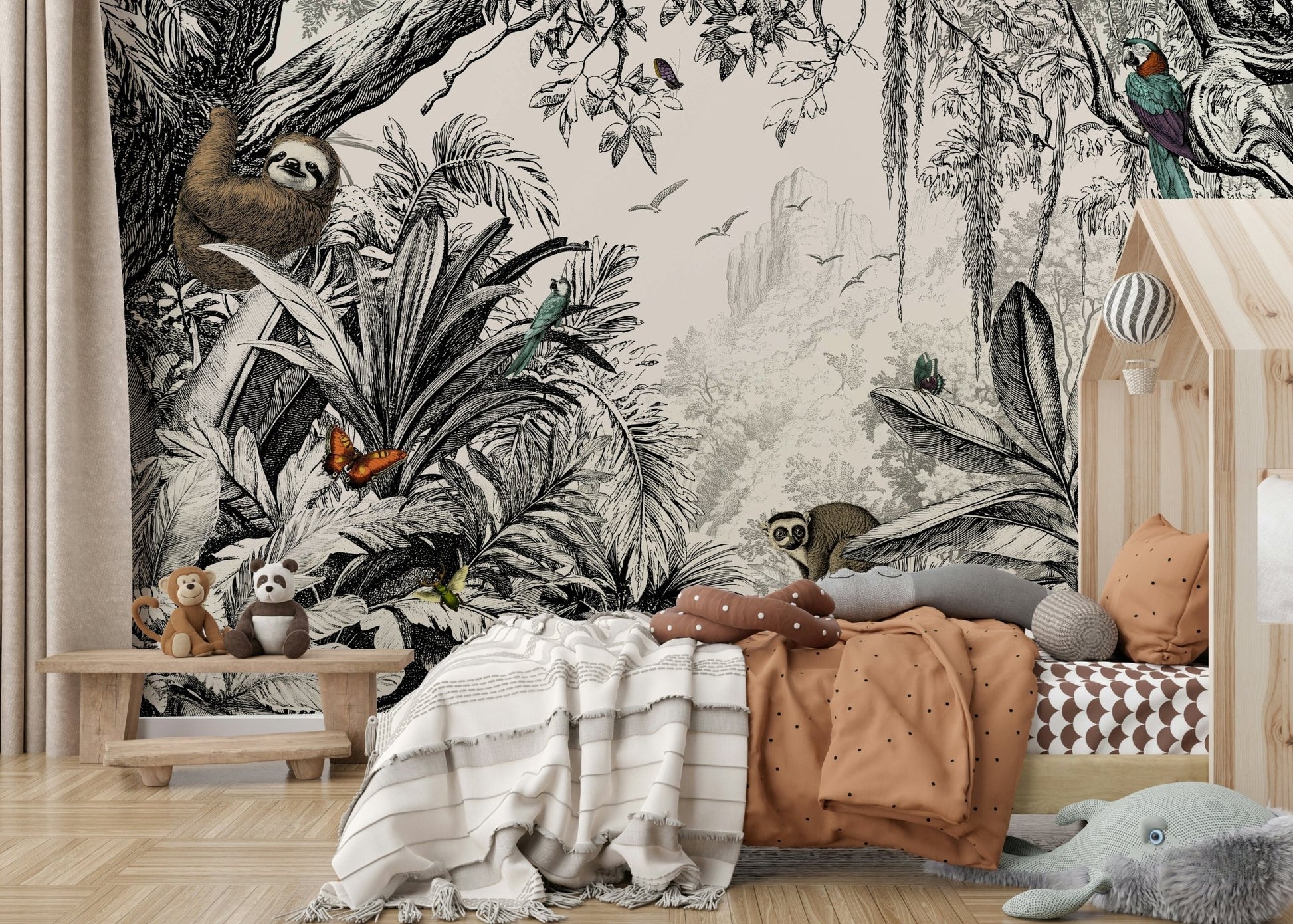 Jungle mural in monochrome shades of black and white.

