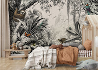 Jungle mural in monochrome shades of black and white.

