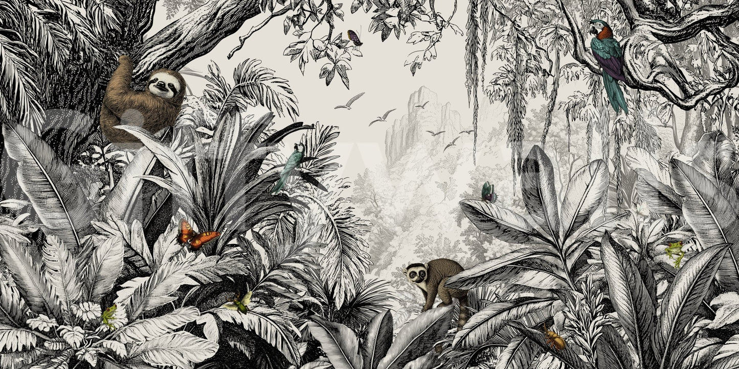 Jungle Vista - Black & Off-White Wall Mural